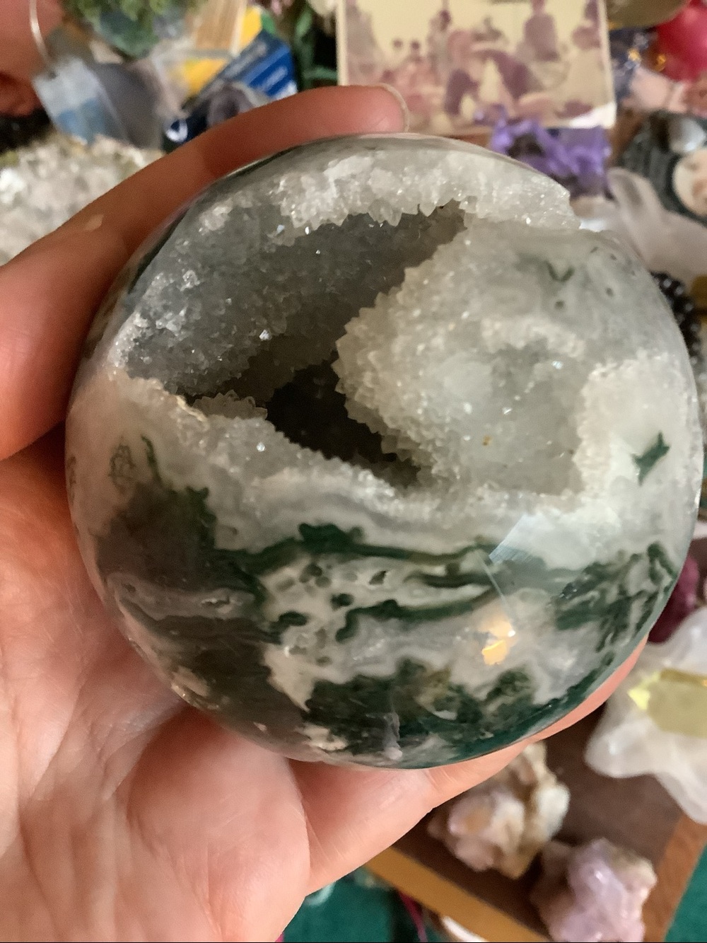 Druzy Moss Agate Geode Sphere on Stand w portal